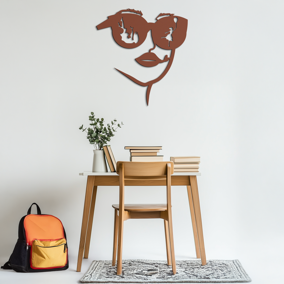 Modern Woman Face with Sunglasses Metal Wall Art – Abstract Reflective Scene Black Steel Decor for Contemporary Interiors- KAF460