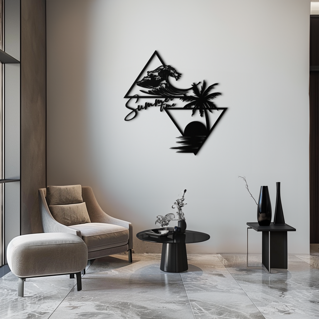 Summer Time Beach Scene Metal Wall Art – Tropical Ocean Waves and Palm Tree Black Steel Decor for Coastal Interiors- KAF461