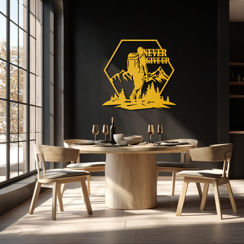 Never Give Up Hiking Metal Wall Art – Motivational Mountain Hiker Black Steel Decor for Adventure Lovers and Outdoor Enthusiasts- KAF463