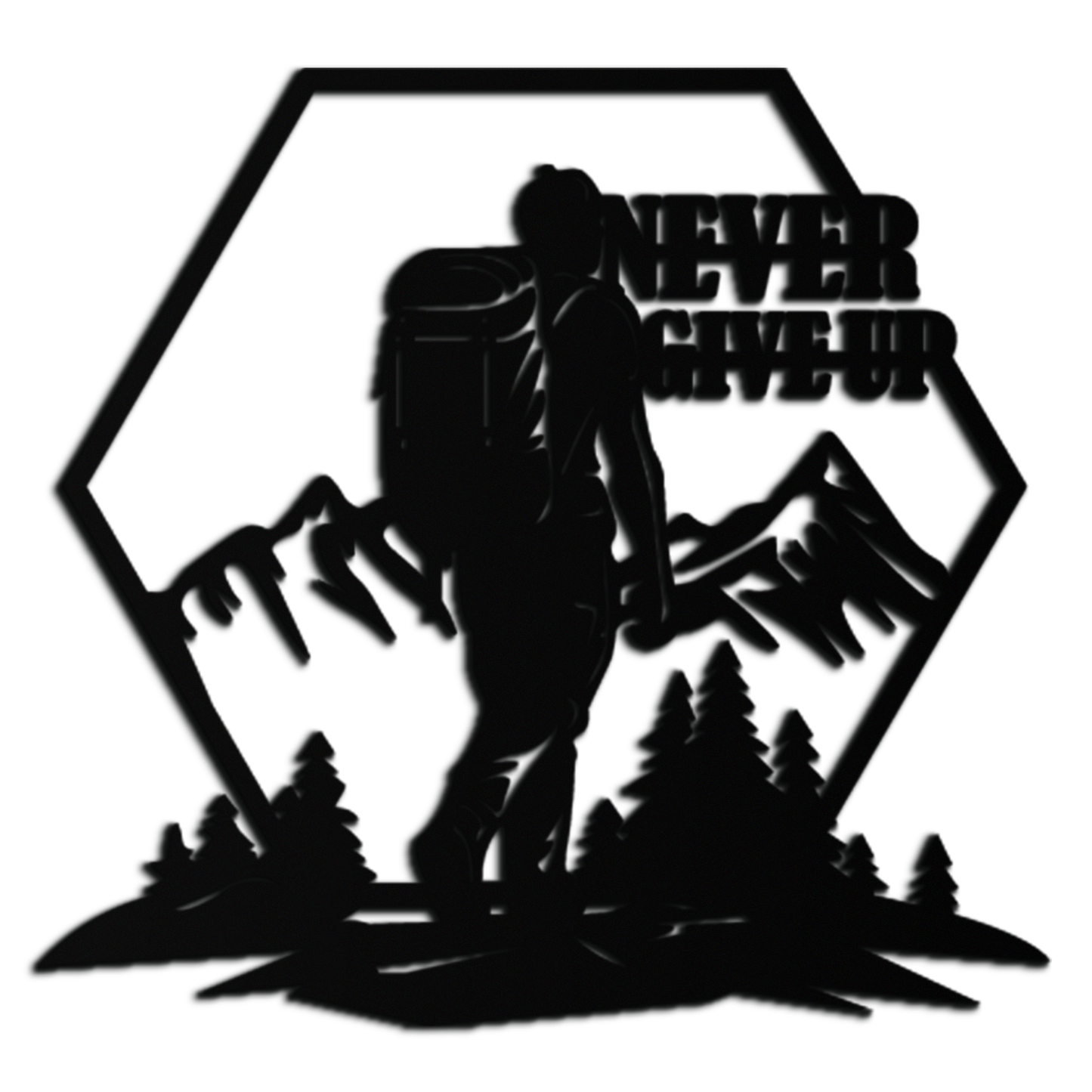 Never Give Up Hiking Metal Wall Art – Motivational Mountain Hiker Black Steel Decor for Adventure Lovers and Outdoor Enthusiasts- KAF463