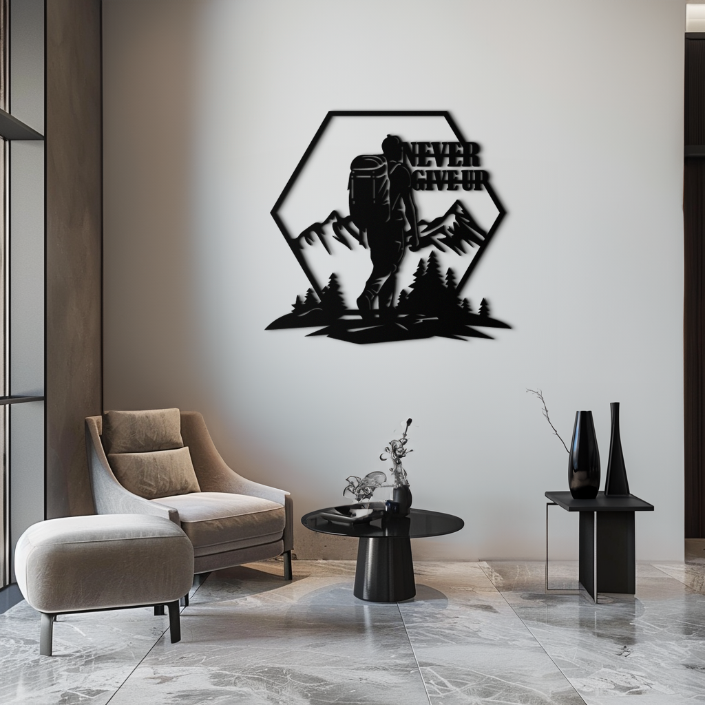 Never Give Up Hiking Metal Wall Art – Motivational Mountain Hiker Black Steel Decor for Adventure Lovers and Outdoor Enthusiasts- KAF463