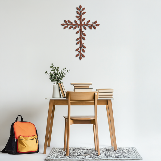 Leaf Cross Metal Wall Art - Elegant Botanical Christian Home Decor- KAF482