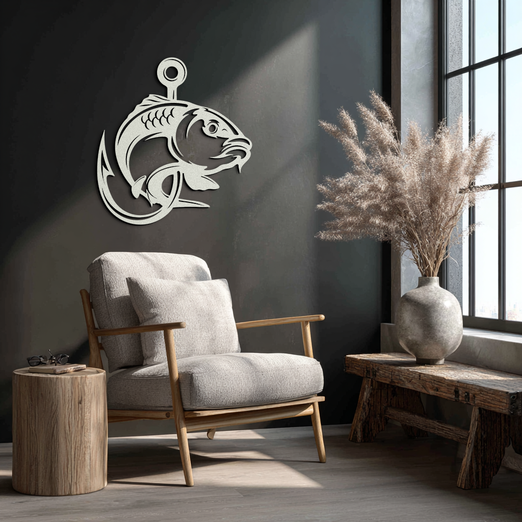 Fishing Hook and Fish Silhouette Metal Wall Art – Black Steel Angler’s Home Decor- KAF495