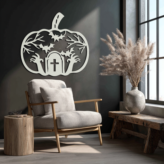 Halloween Cemetery Pumpkin Metal Wall Art – Spooky Black Steel Halloween Decor- KAF504