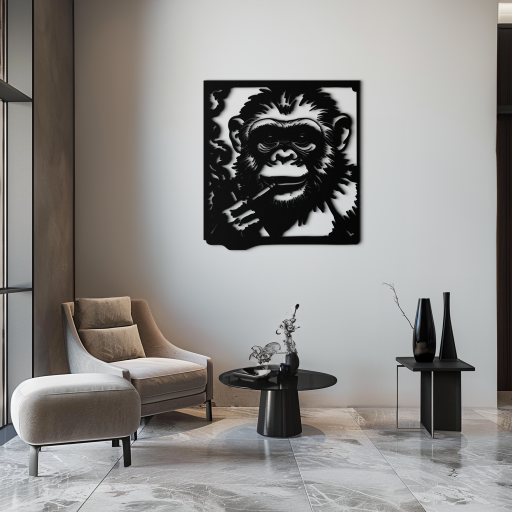 Smoking Chimpanzee Metal Wall Art – Cool Monkey Black Metal Wall Decor for Home- KAF513