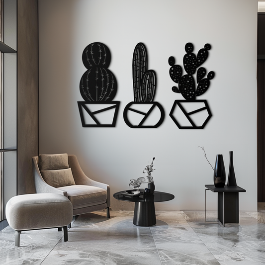 Geometric Cactus Set Metal Wall Art – Modern Black Steel Succulent Decor for Home and Office- KAF518