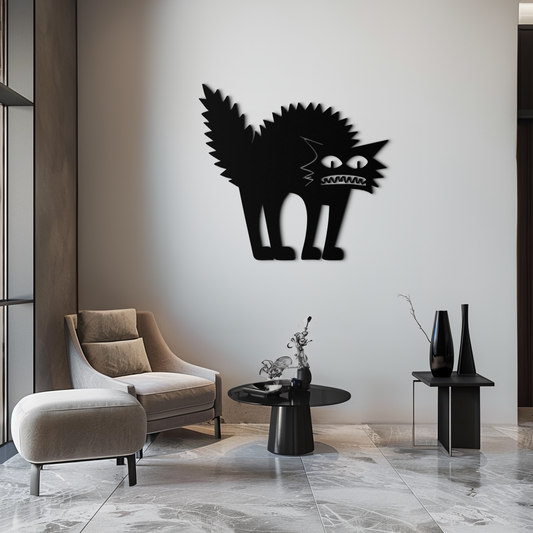 Scared Cat Silhouette Metal Wall Art – Modern Black Cat Halloween Home Decor- KAF524