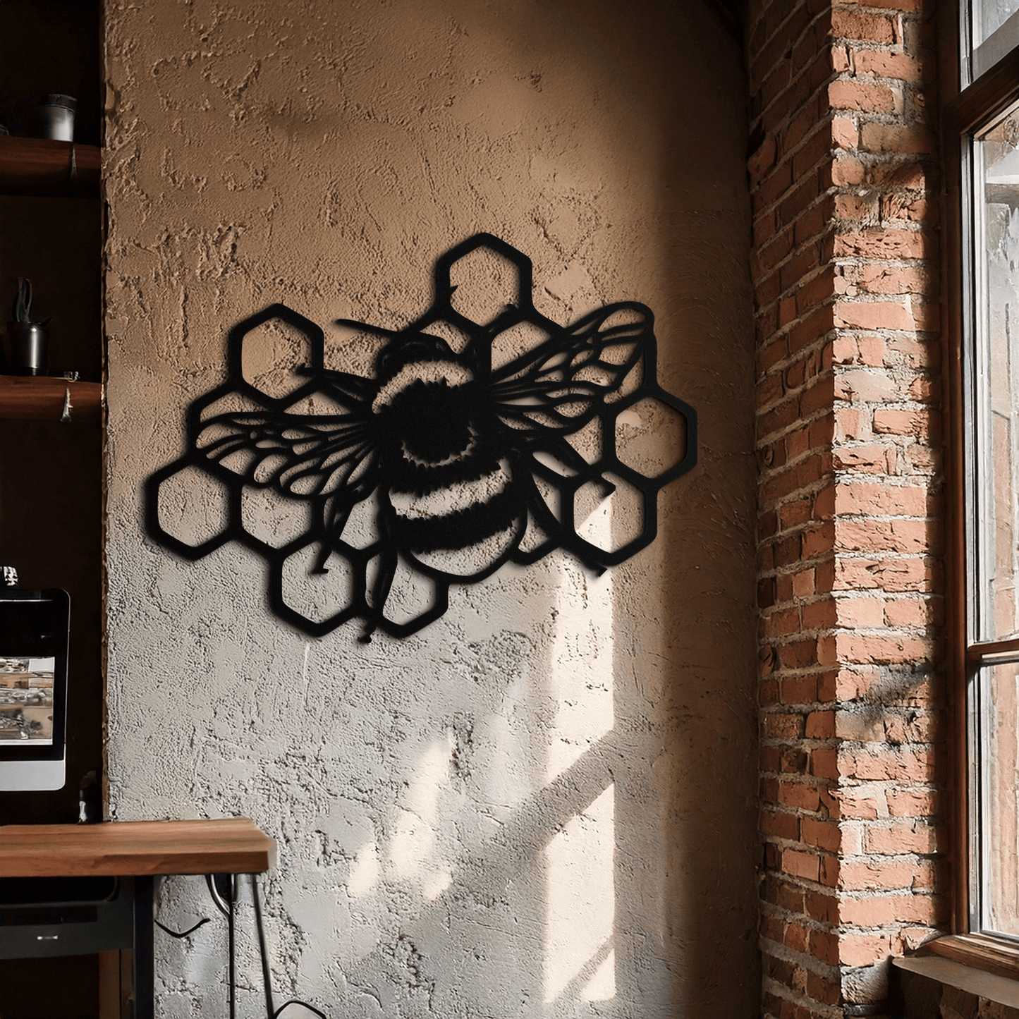 Bumblebee and Honeycomb Silhouette Metal Wall Art – Nature-Inspired Black Bee Decor- KAF545