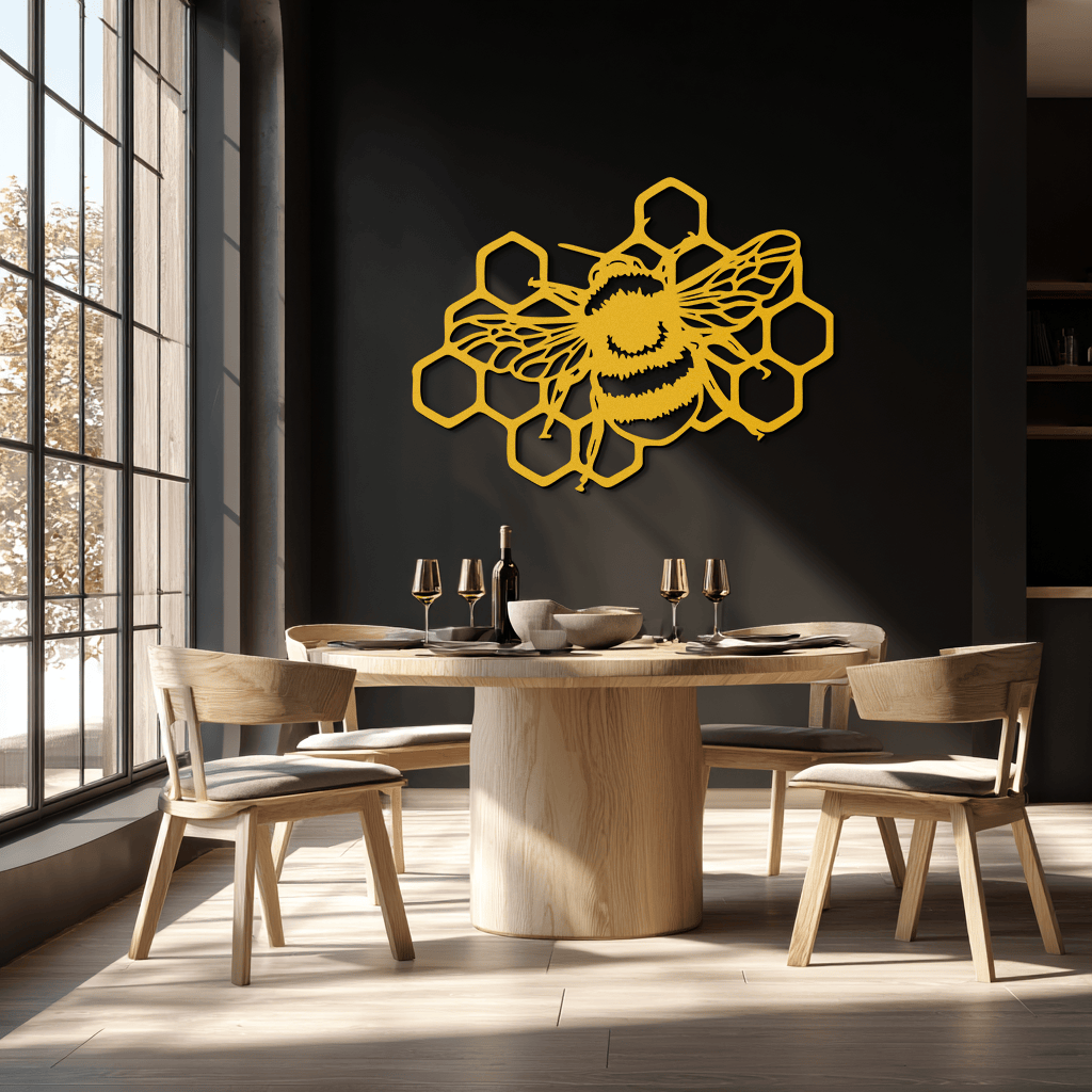 Bumblebee and Honeycomb Silhouette Metal Wall Art – Nature-Inspired Black Bee Decor- KAF545