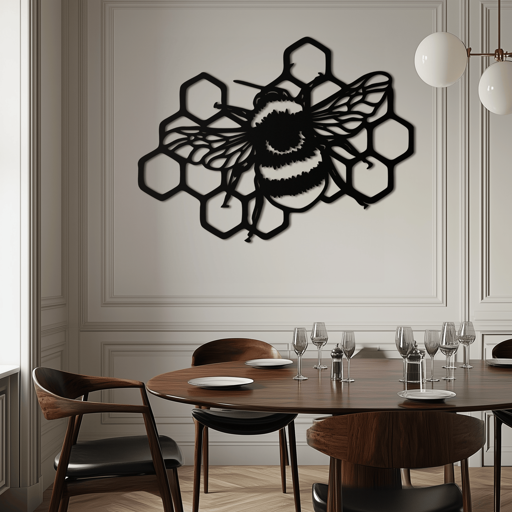 Bumblebee and Honeycomb Silhouette Metal Wall Art – Nature-Inspired Black Bee Decor- KAF545