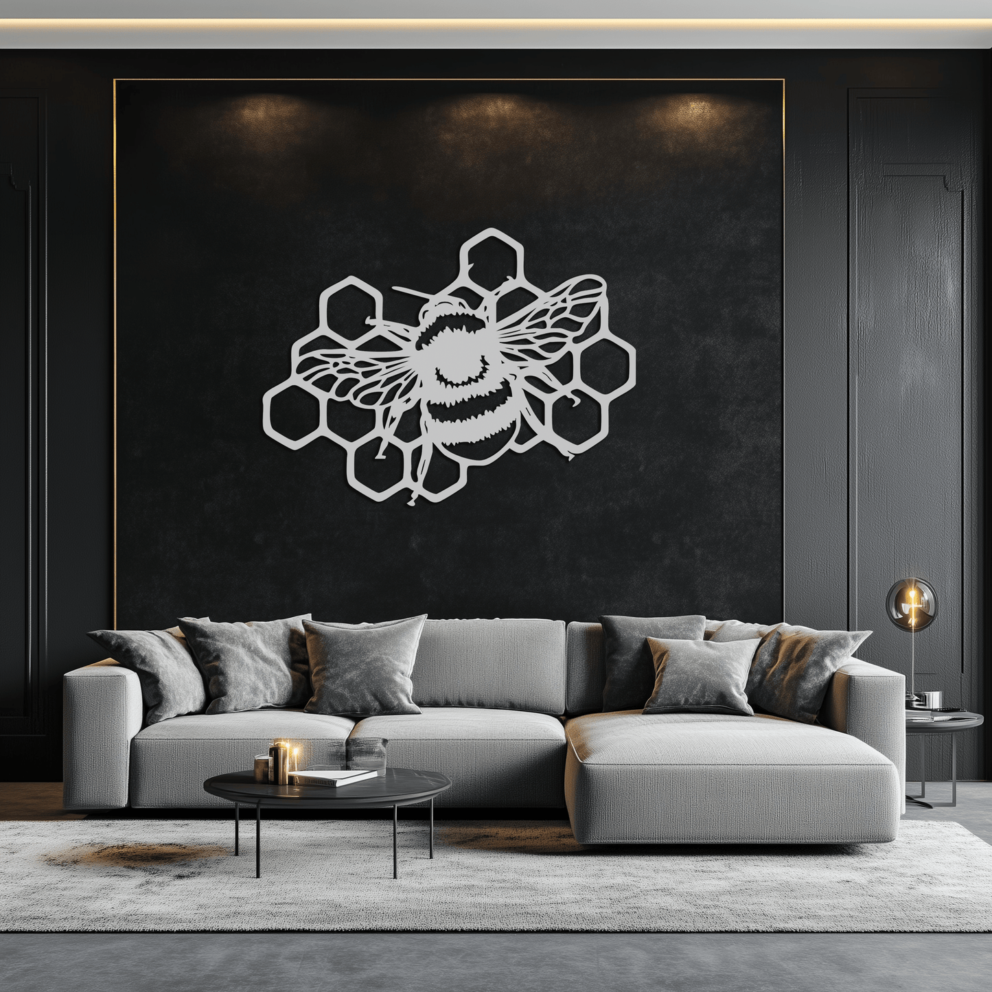 Bumblebee and Honeycomb Silhouette Metal Wall Art – Nature-Inspired Black Bee Decor- KAF545