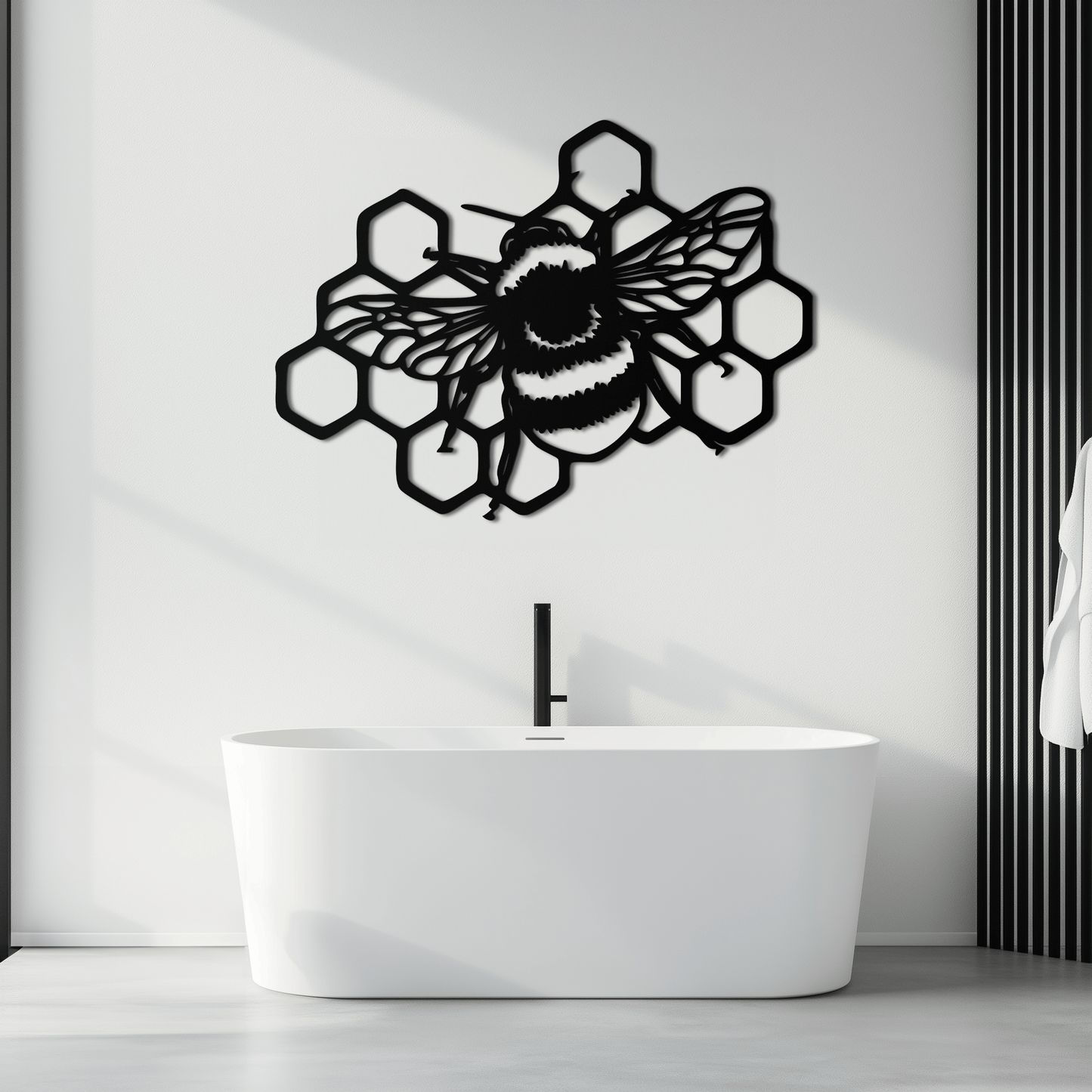Bumblebee and Honeycomb Silhouette Metal Wall Art – Nature-Inspired Black Bee Decor- KAF545