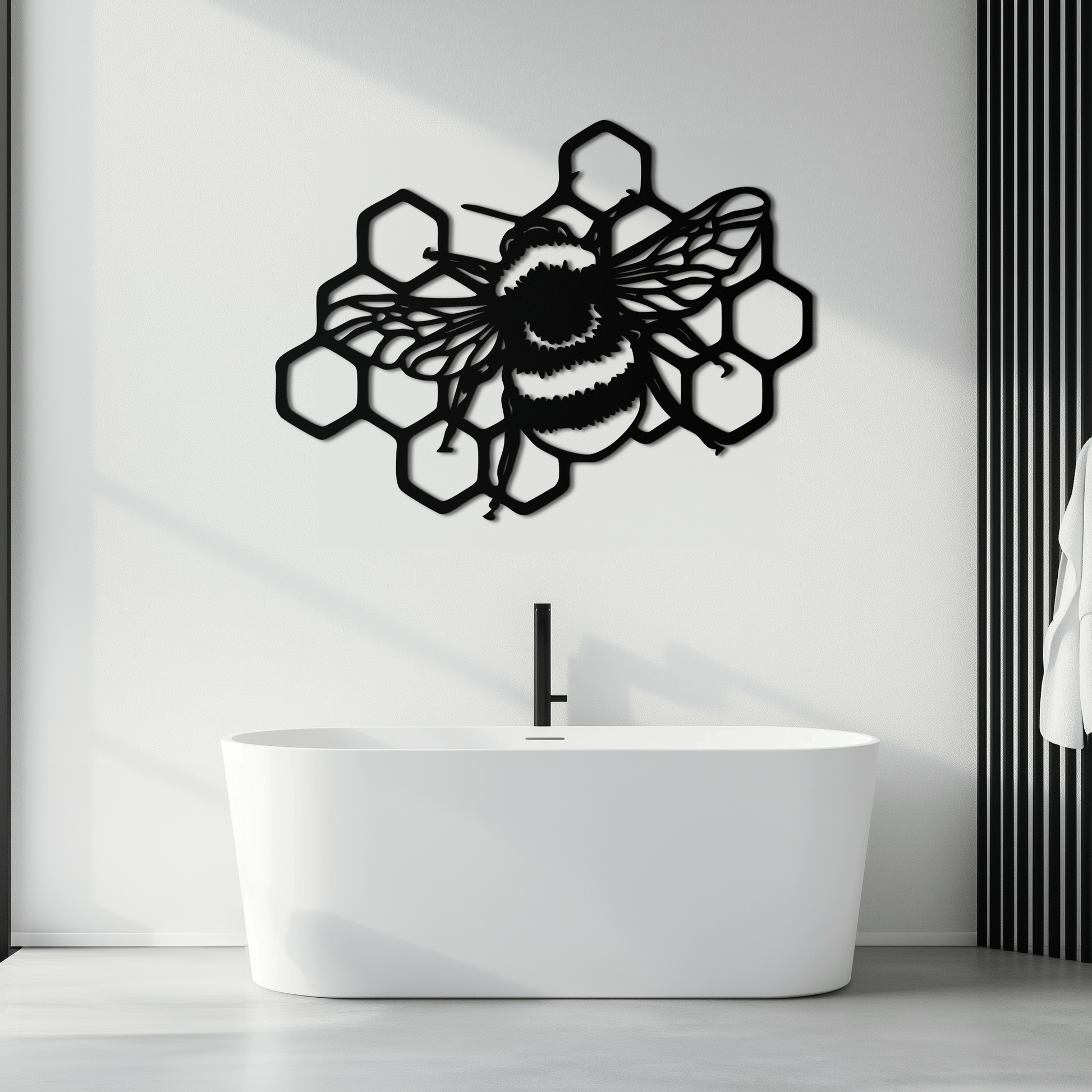 Bumblebee and Honeycomb Silhouette Metal Wall Art – Nature-Inspired Black Bee Decor- KAF545