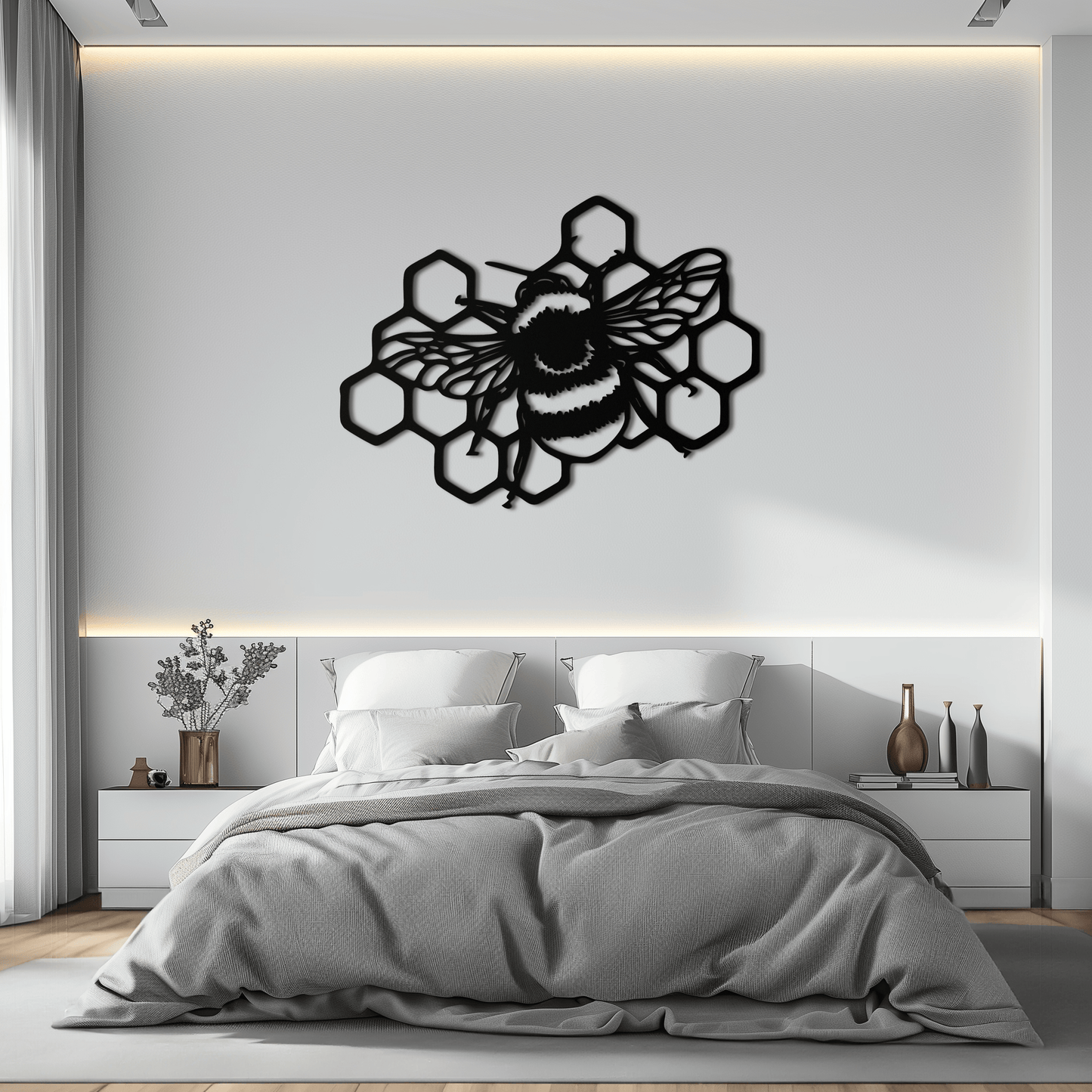 Bumblebee and Honeycomb Silhouette Metal Wall Art – Nature-Inspired Black Bee Decor- KAF545