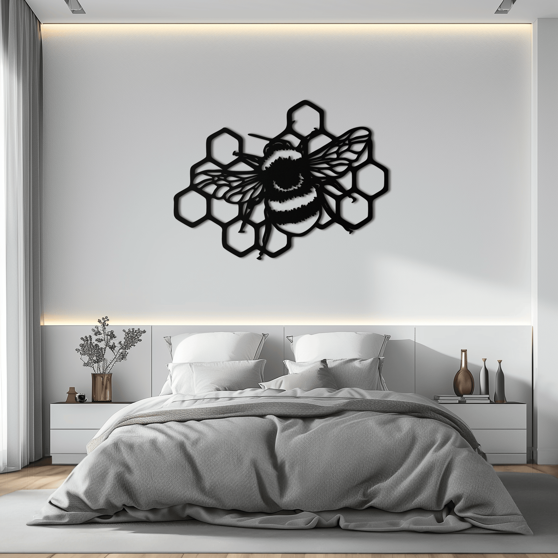 Bumblebee and Honeycomb Silhouette Metal Wall Art – Nature-Inspired Black Bee Decor- KAF545