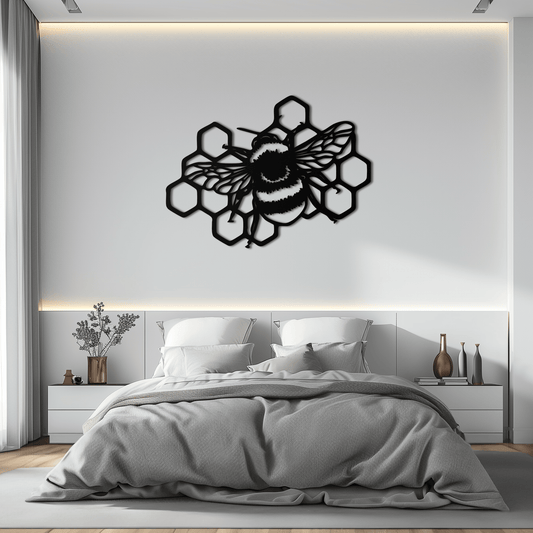 Bumblebee and Honeycomb Silhouette Metal Wall Art – Nature-Inspired Black Bee Decor- KAF545