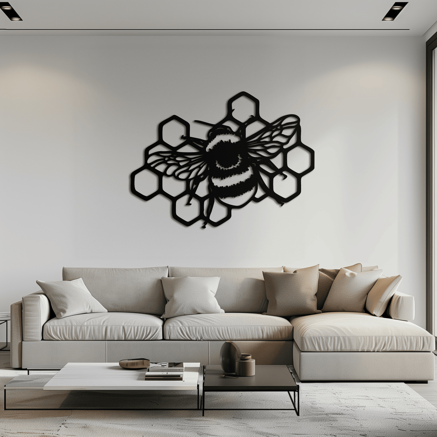 Bumblebee and Honeycomb Silhouette Metal Wall Art – Nature-Inspired Black Bee Decor- KAF545