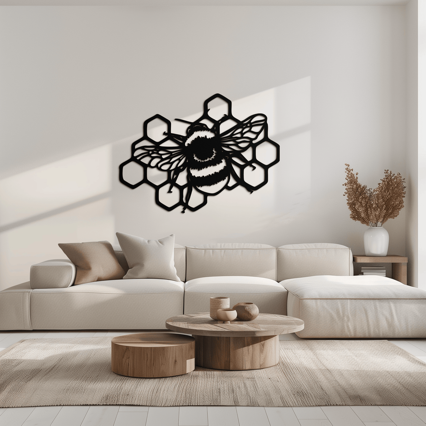 Bumblebee and Honeycomb Silhouette Metal Wall Art – Nature-Inspired Black Bee Decor- KAF545