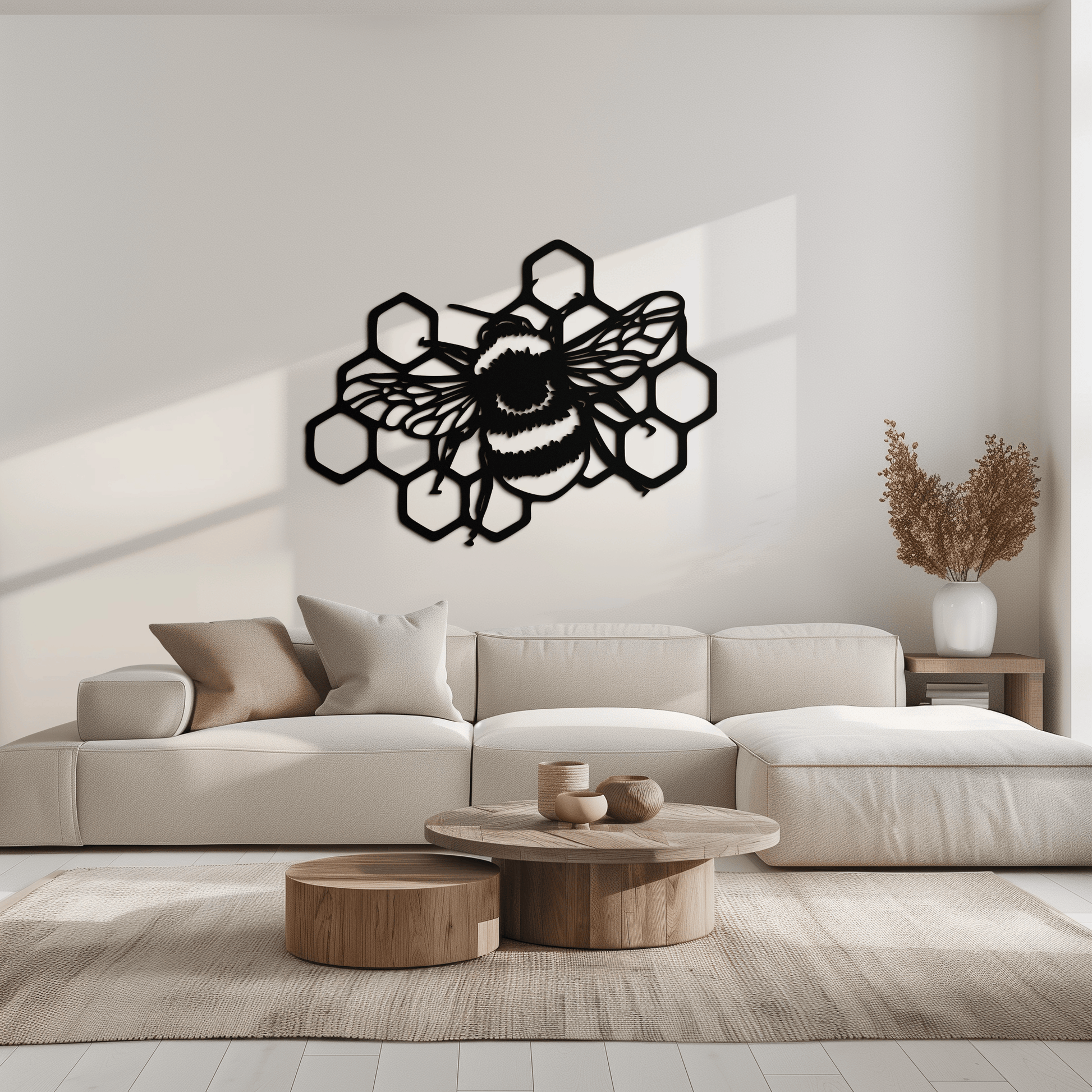 Bumblebee and Honeycomb Silhouette Metal Wall Art – Nature-Inspired Black Bee Decor- KAF545