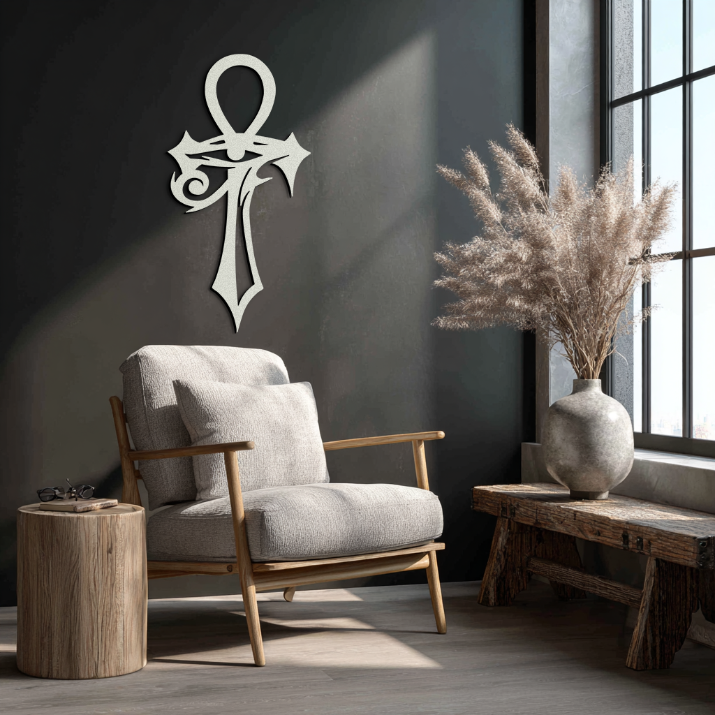 Egyptian Ankh Cross with Eye of Horus Metal Wall Art – Spiritual Symbol Black Wall Decor- KAF557