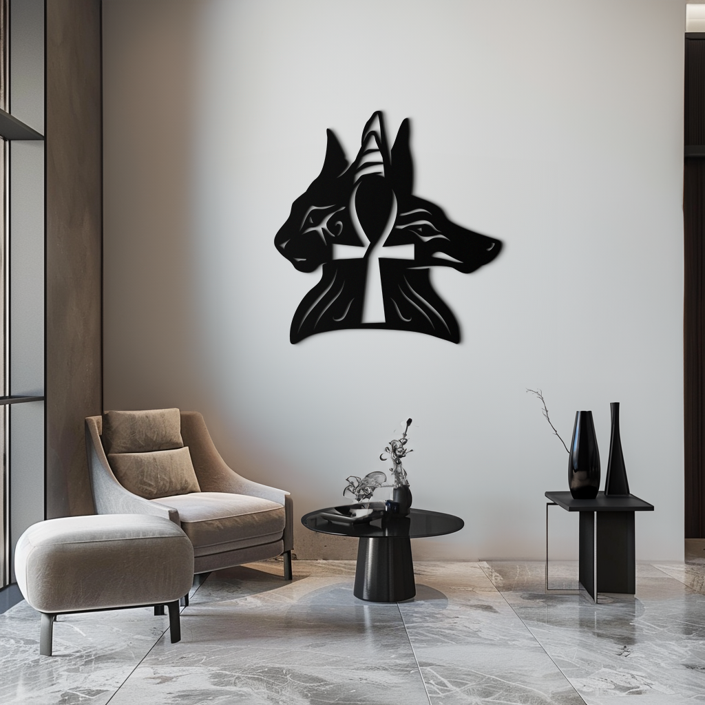 Egyptian Cat and Jackal Metal Wall Art – Ankh Cross Black Wall Decor- KAF558