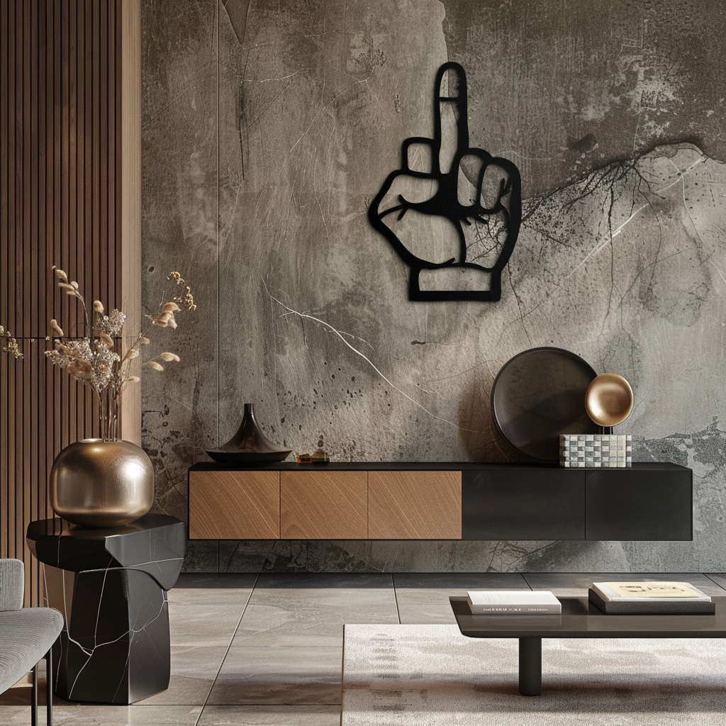 Funny Middle Finger Metal Wall Art – Bold and Playful Black Home Decor- KAF562