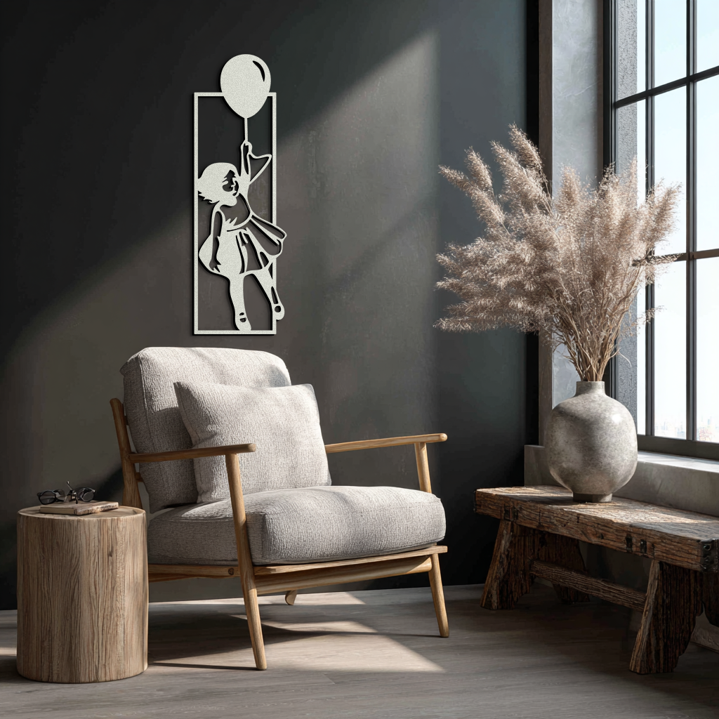 Balloon Girl Silhouette Metal Wall Art – Whimsical Modern Home Decor- KAF563