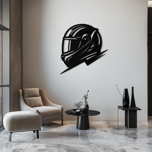 Racing Helmet Silhouette Metal Wall Art – Modern Motorsport Home Decor- KAF565