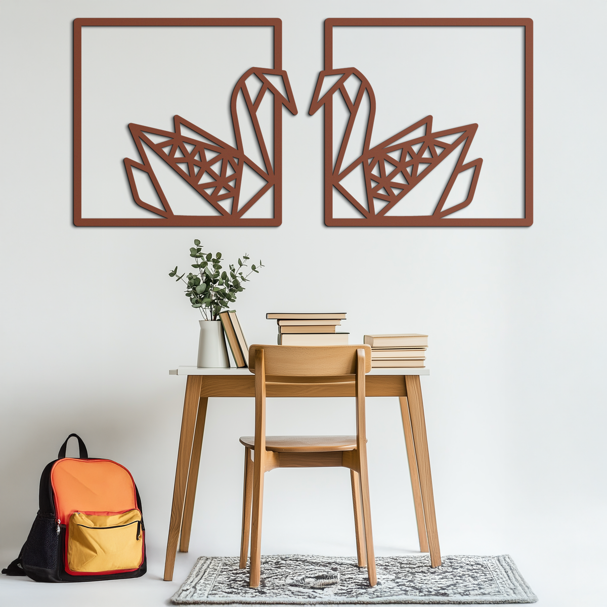 Origami Swan Couple Metal Wall Art – Geometric Mirrored Swan Design for Modern Interiors- KAF581