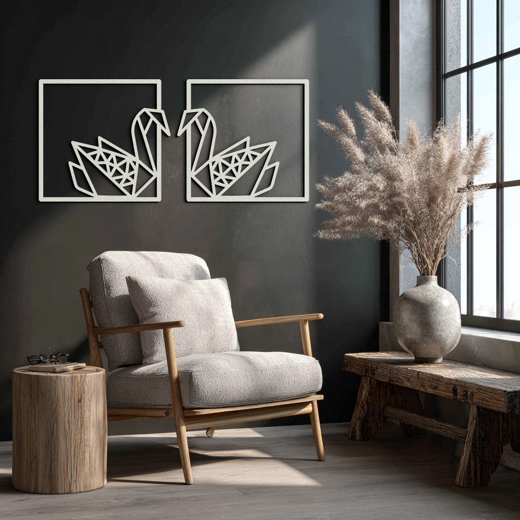 Origami Swan Couple Metal Wall Art – Geometric Mirrored Swan Design for Modern Interiors- KAF581