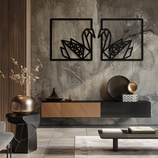 Origami Swan Couple Metal Wall Art – Geometric Mirrored Swan Design for Modern Interiors- KAF581