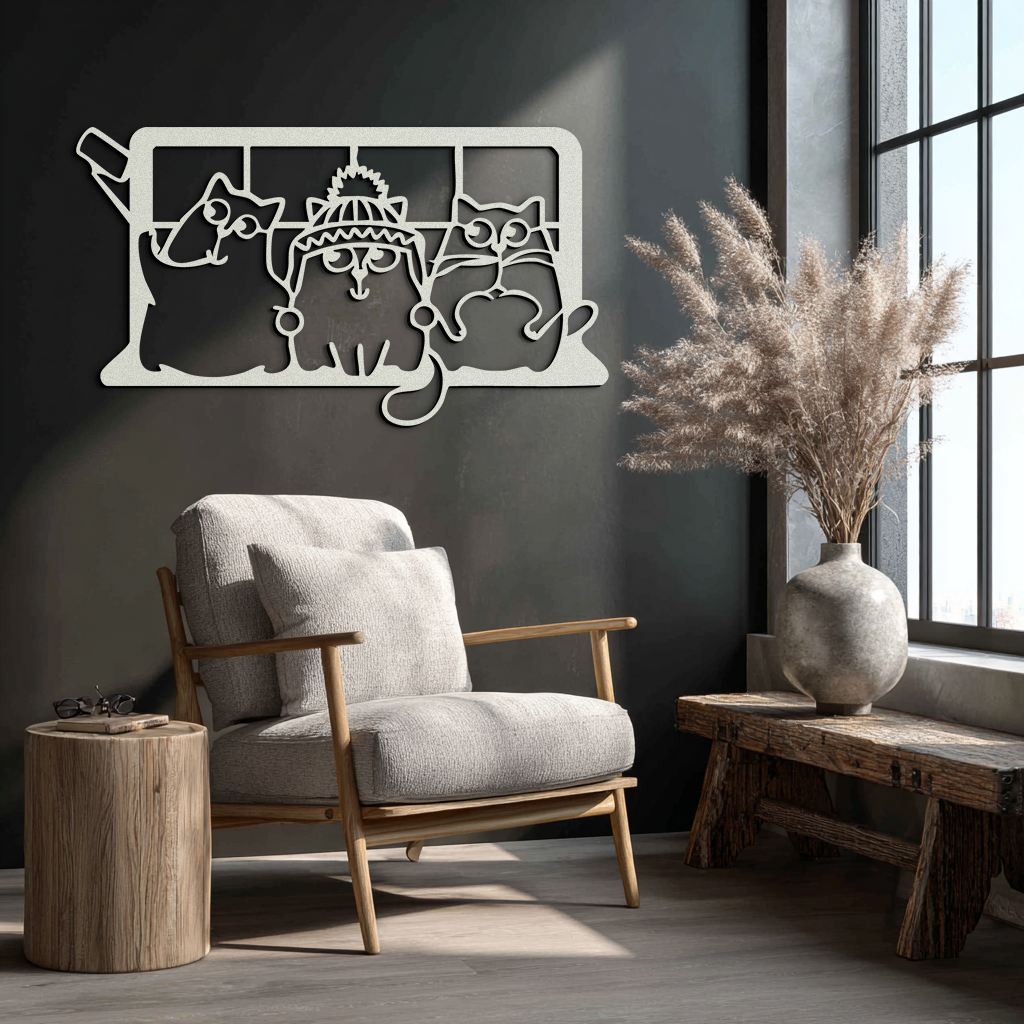 Cozy Window Cats Metal Wall Art – Cute Cartoon Trio Design for Pet Lovers- KAF582