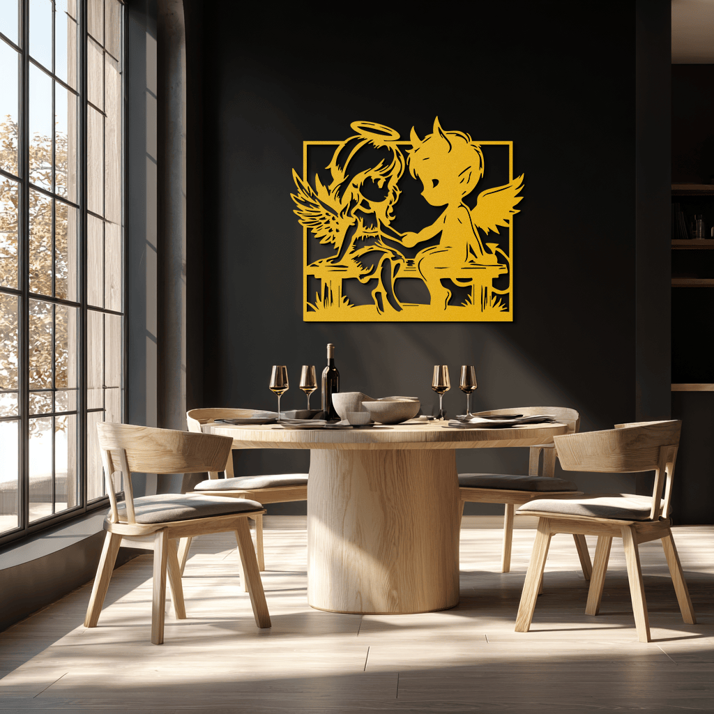 Angel and Devil Holding Hands Metal Wall Art – Whimsical Love Contrast Silhouette- KAF591