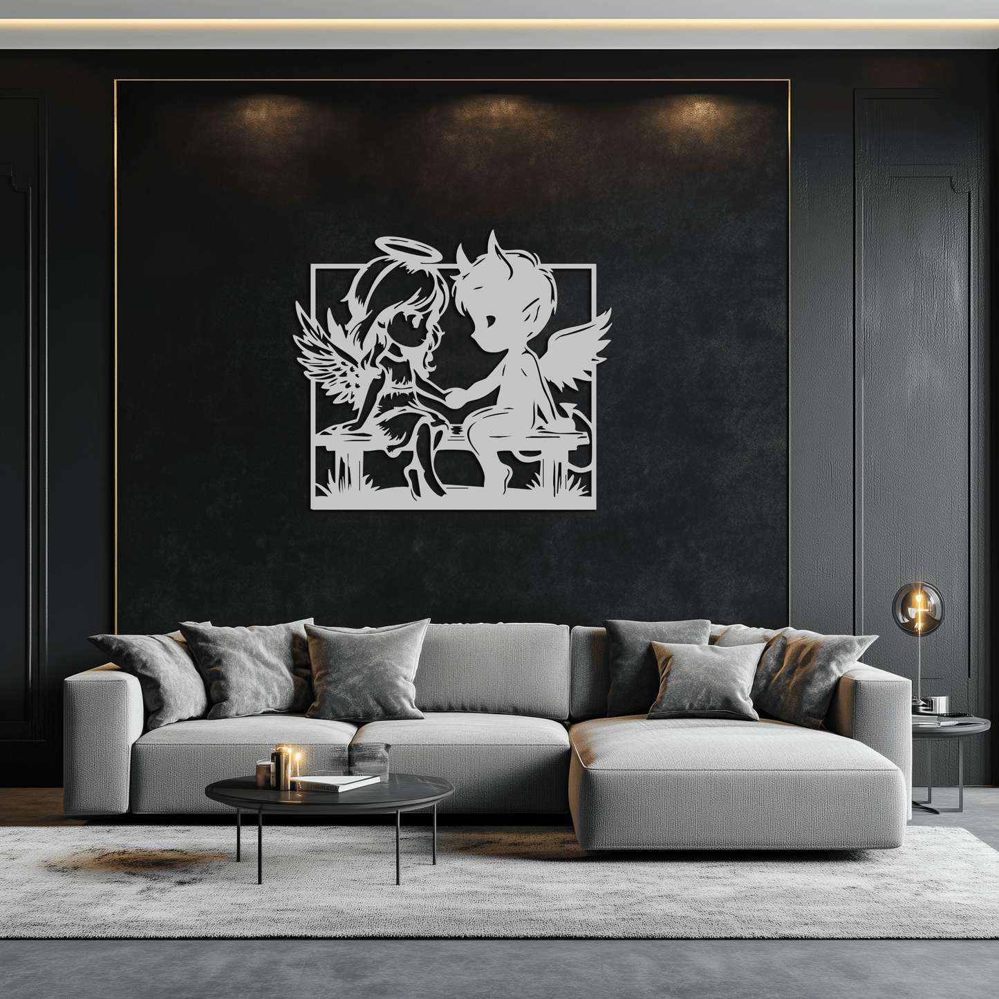 Angel and Devil Holding Hands Metal Wall Art – Whimsical Love Contrast Silhouette- KAF591
