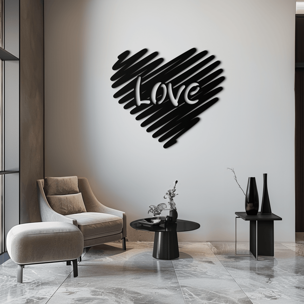 Love Heart Scribble Metal Wall Art – Romantic Handwritten Typography Home Decor- KAF599