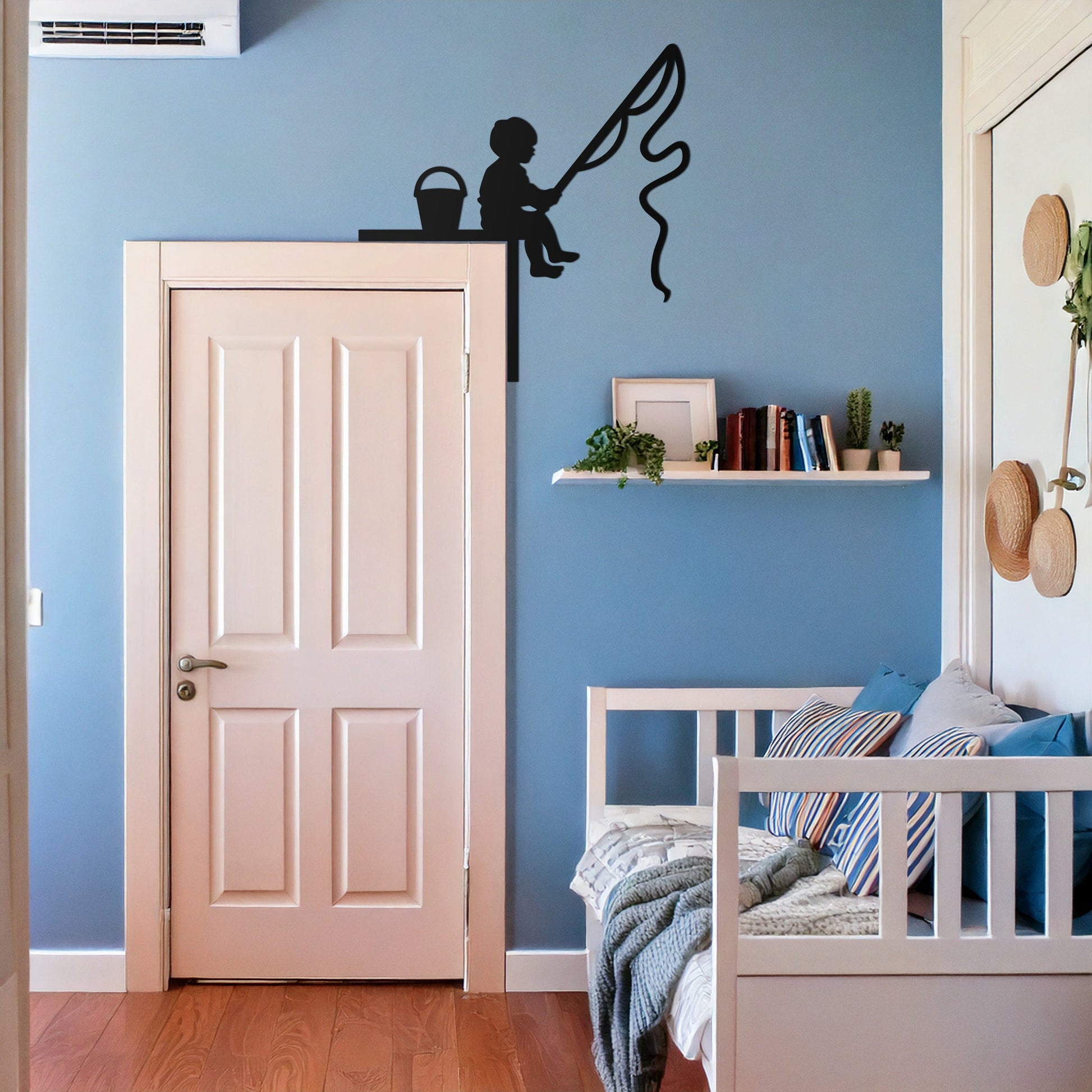 Child Fishing Corner Metal Wall Art – Playful Kids Silhouette Door Corner Decor-KAF610
