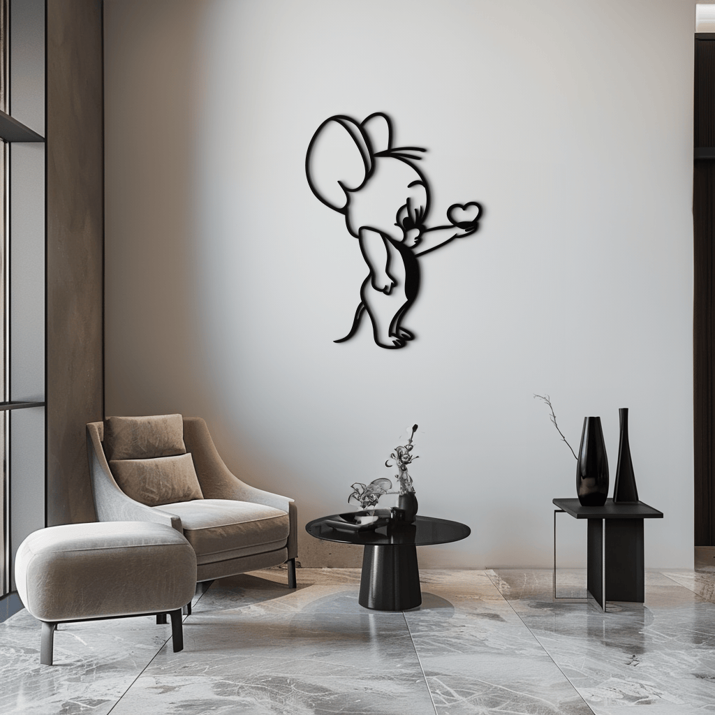 Jerry Holding Heart Metal Wall Art – Cute Cartoon Mouse Silhouette Decor-KAF615