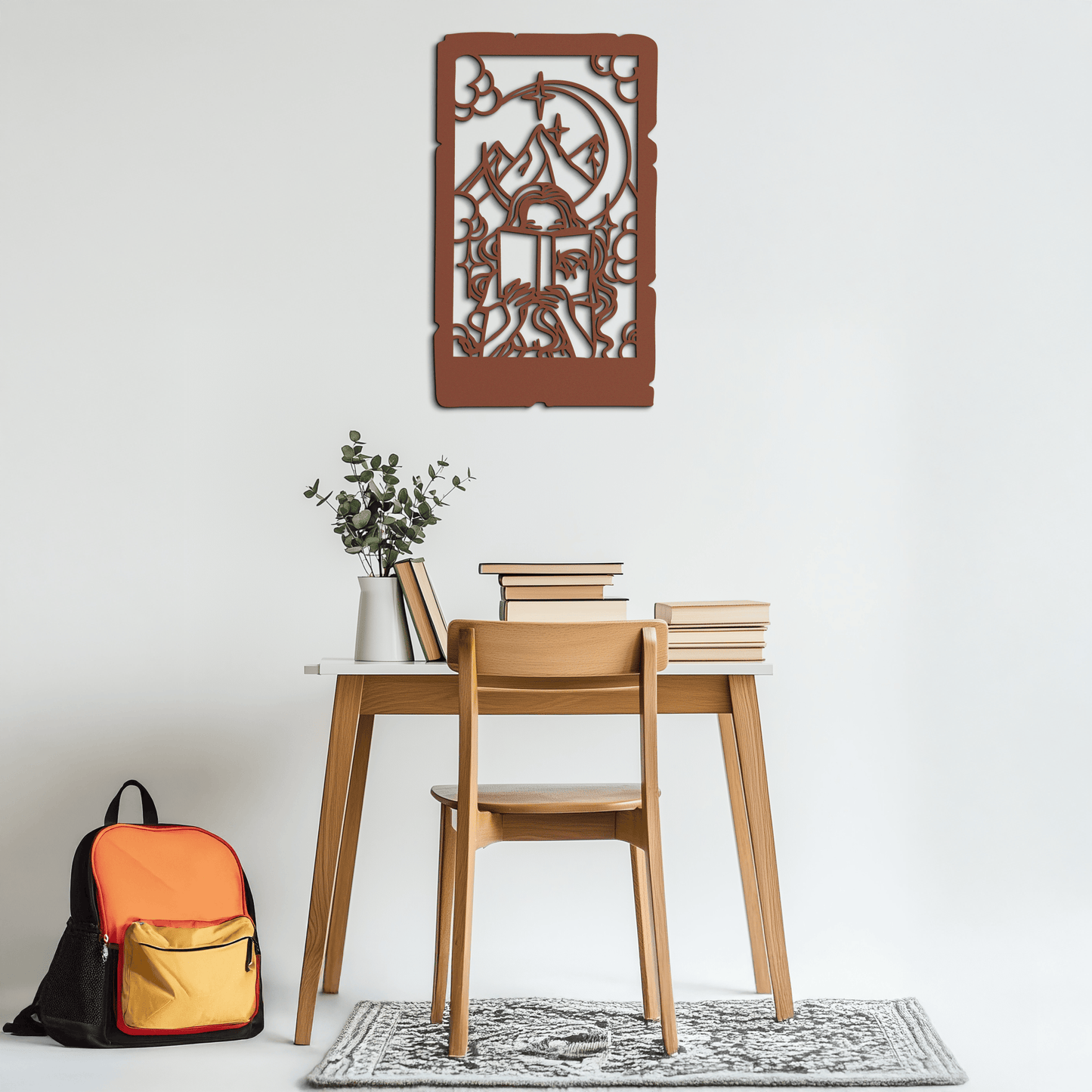 Reading Lady Metal Wall Art – Book Lover Silhouette with Moon and Mountains-KAF616