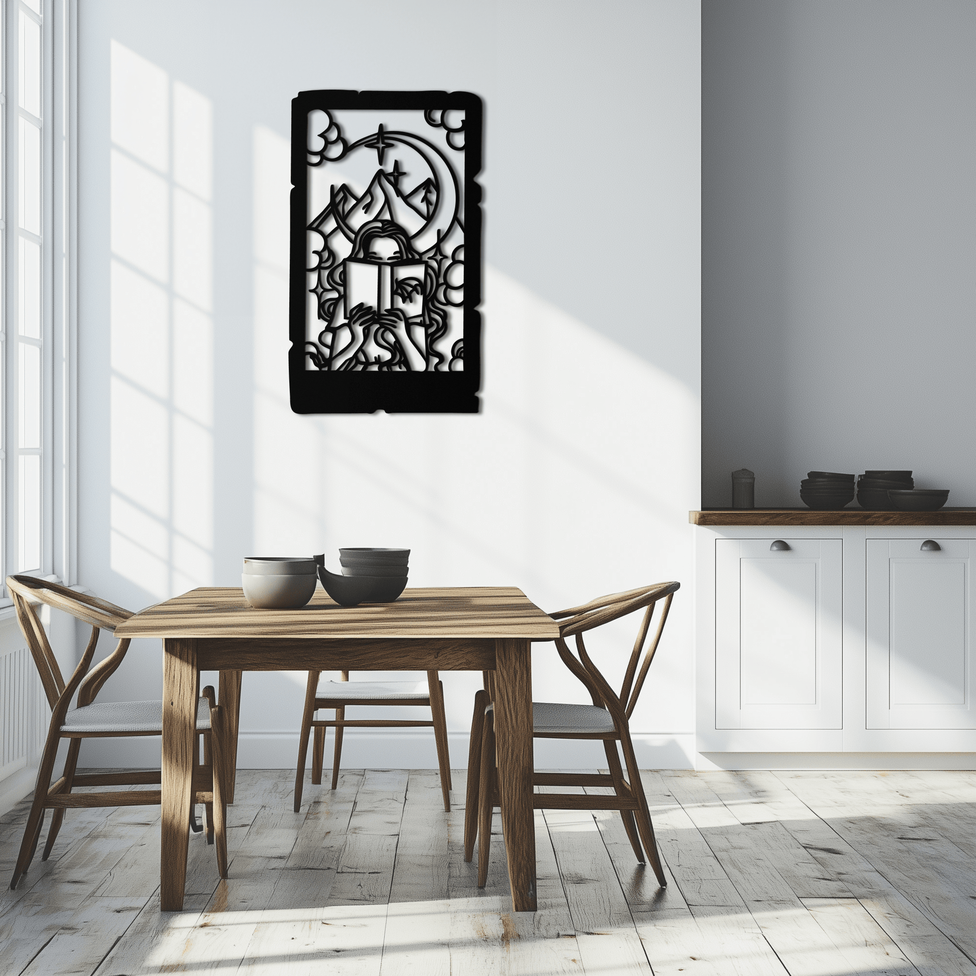Reading Lady Metal Wall Art – Book Lover Silhouette with Moon and Mountains-KAF616