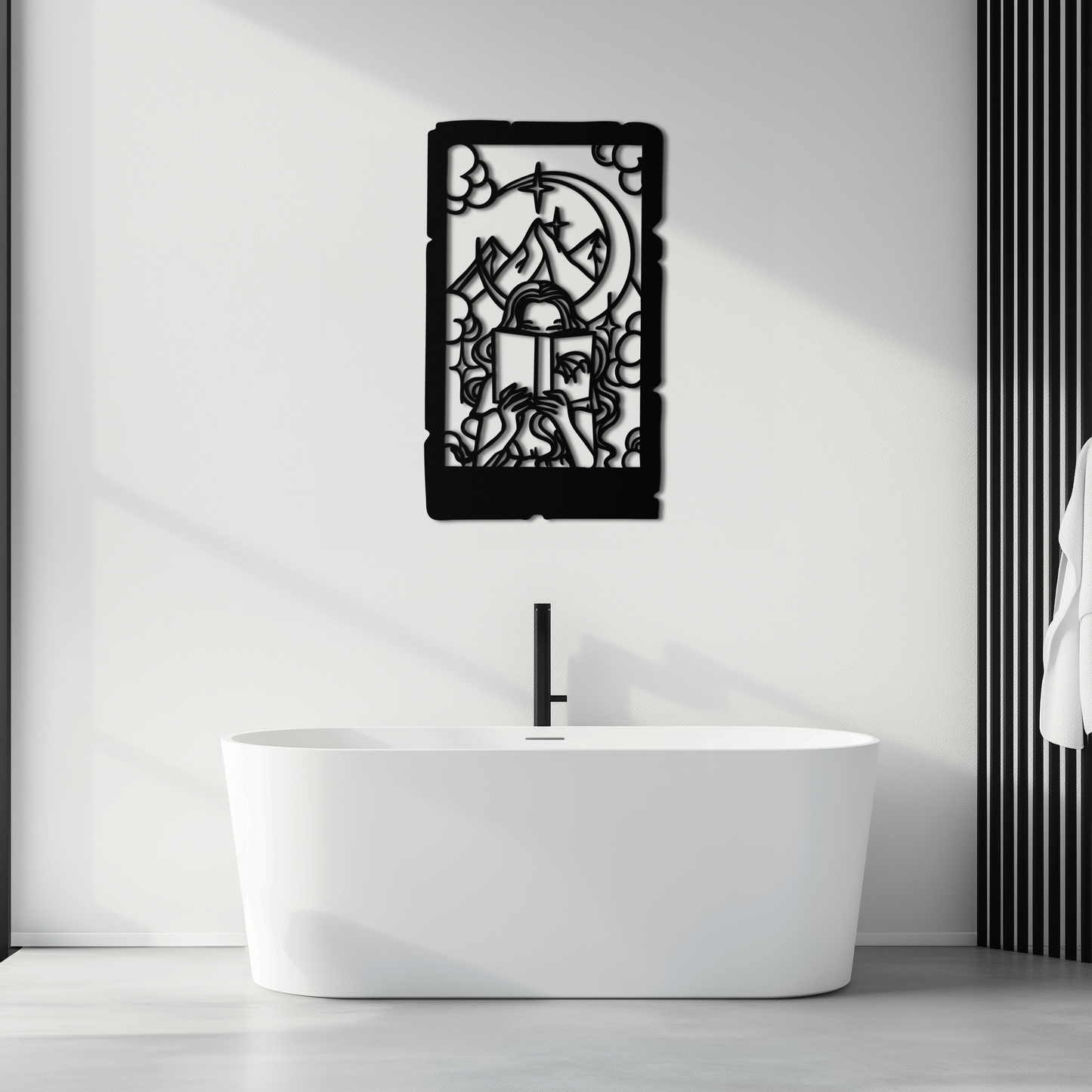 Reading Lady Metal Wall Art – Book Lover Silhouette with Moon and Mountains-KAF616