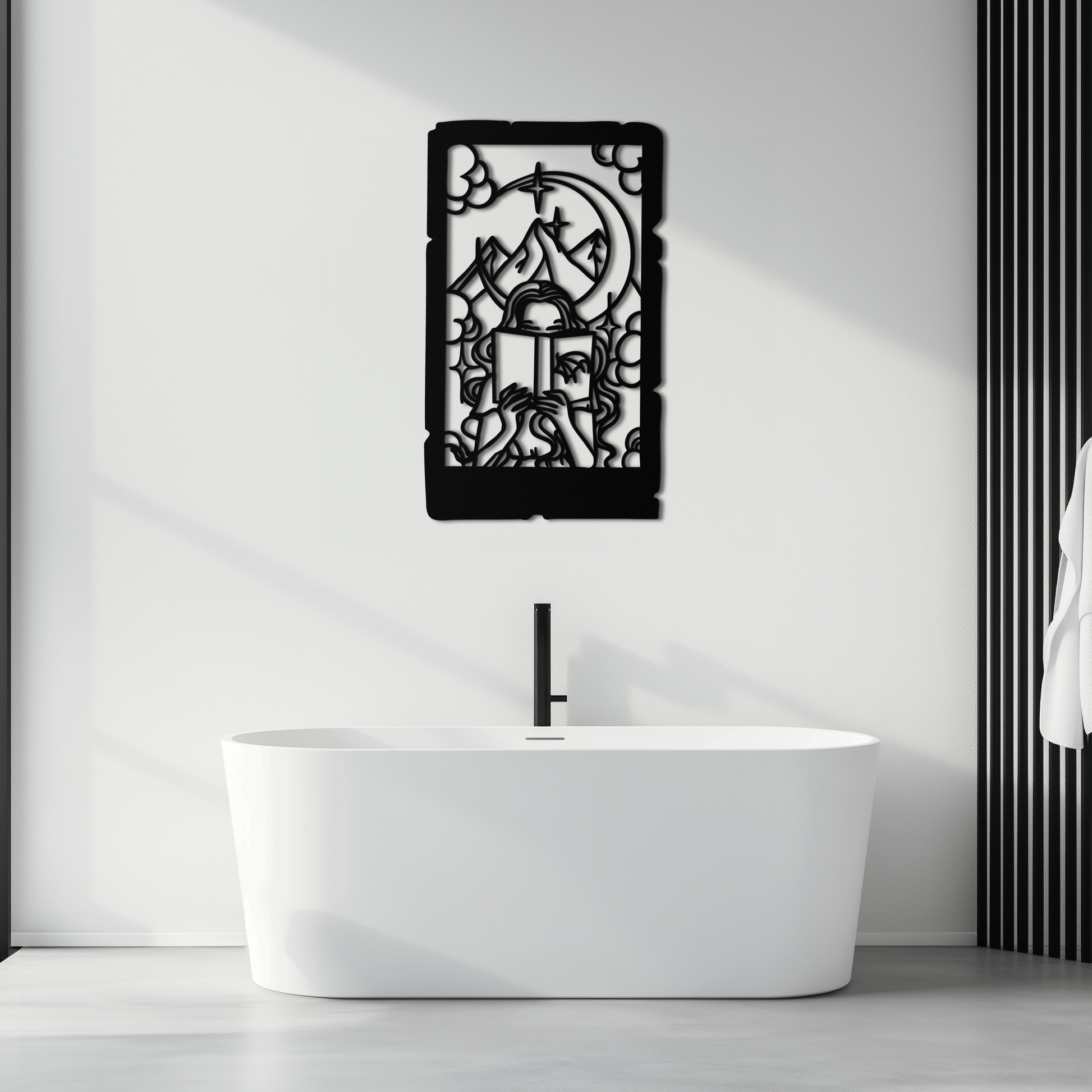 Reading Lady Metal Wall Art – Book Lover Silhouette with Moon and Mountains-KAF616