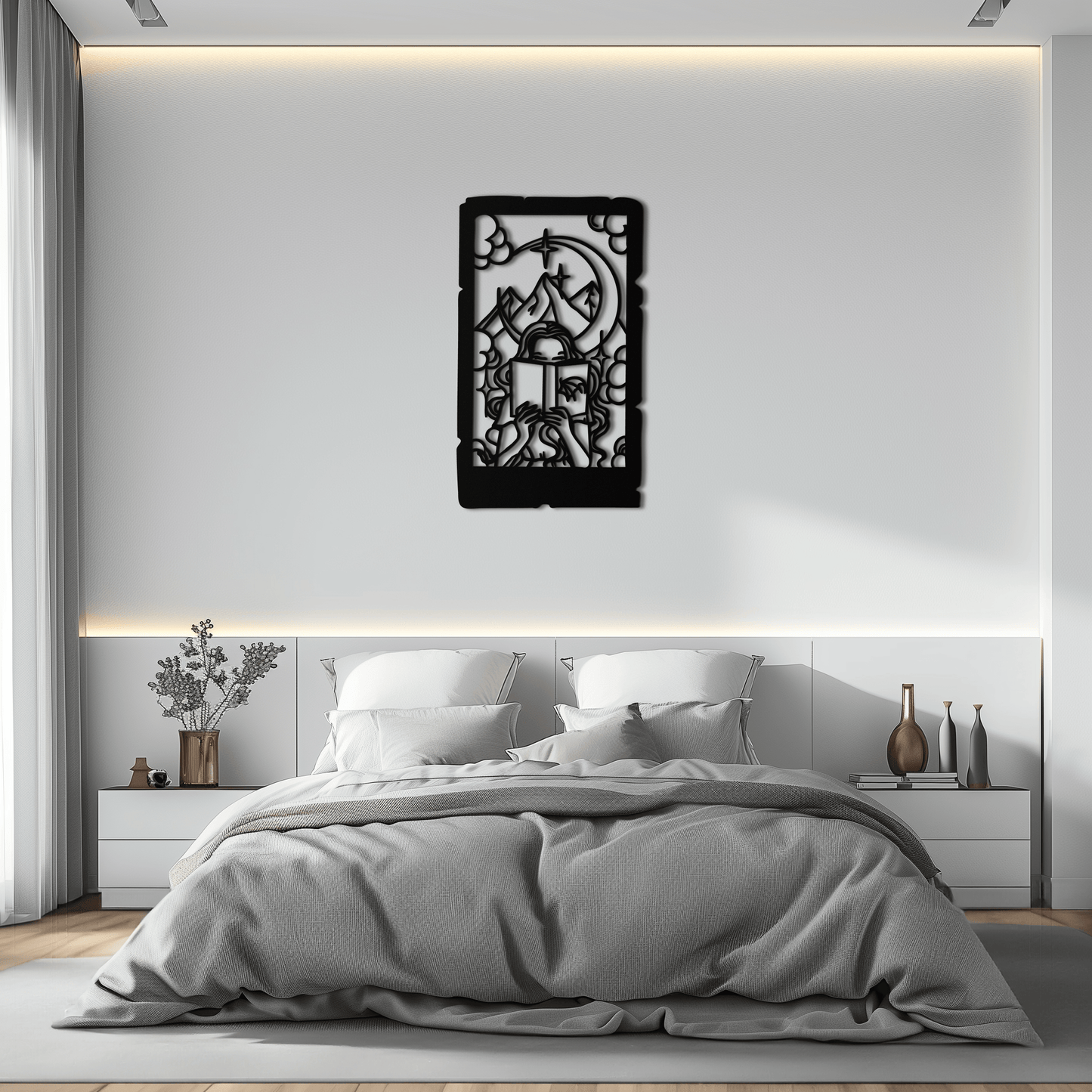 Reading Lady Metal Wall Art – Book Lover Silhouette with Moon and Mountains-KAF616