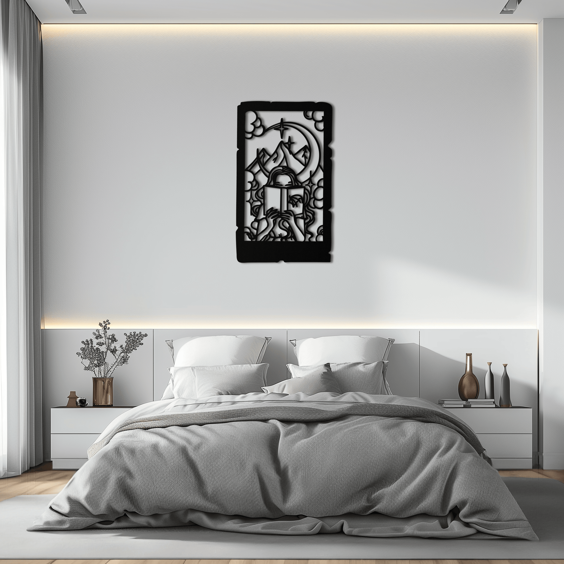 Reading Lady Metal Wall Art – Book Lover Silhouette with Moon and Mountains-KAF616