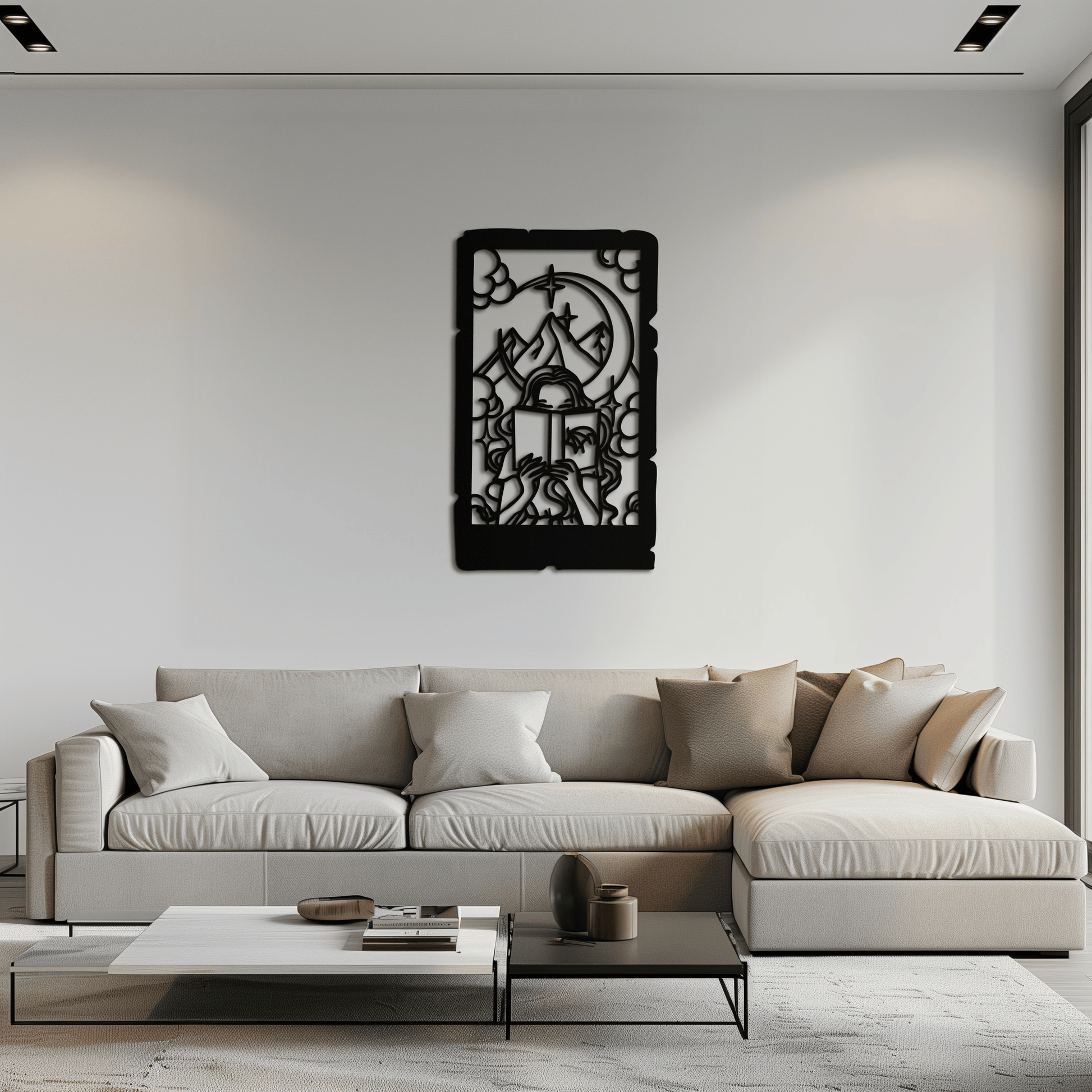 Reading Lady Metal Wall Art – Book Lover Silhouette with Moon and Mountains-KAF616