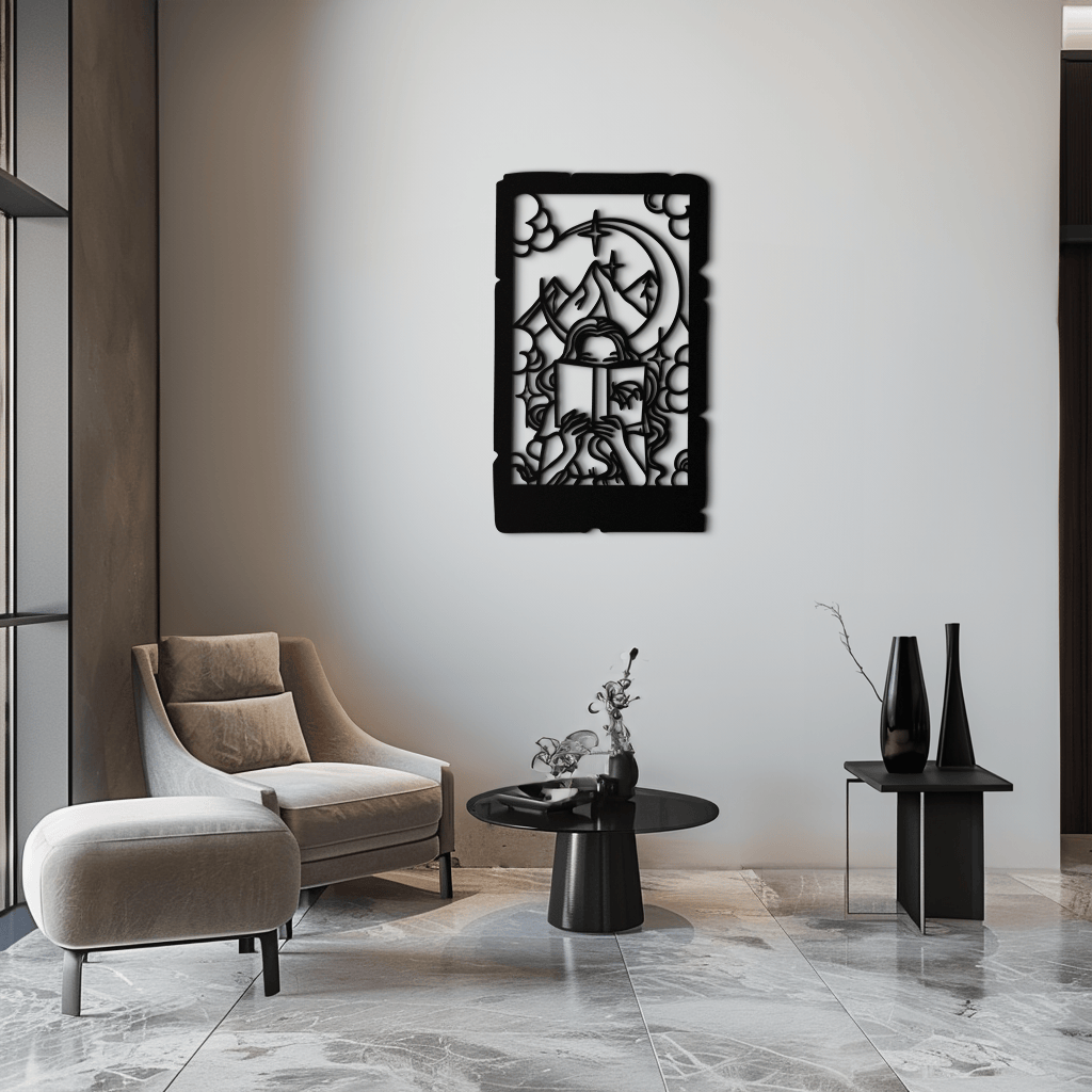 Reading Lady Metal Wall Art – Book Lover Silhouette with Moon and Mountains-KAF616