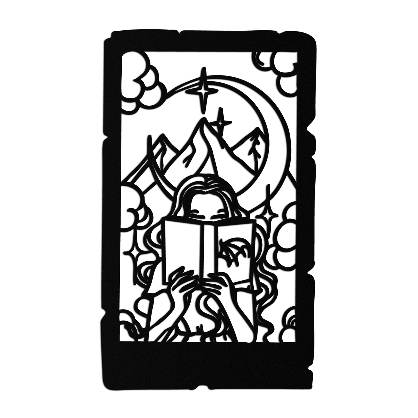 Reading Lady Metal Wall Art – Book Lover Silhouette with Moon and Mountains-KAF616
