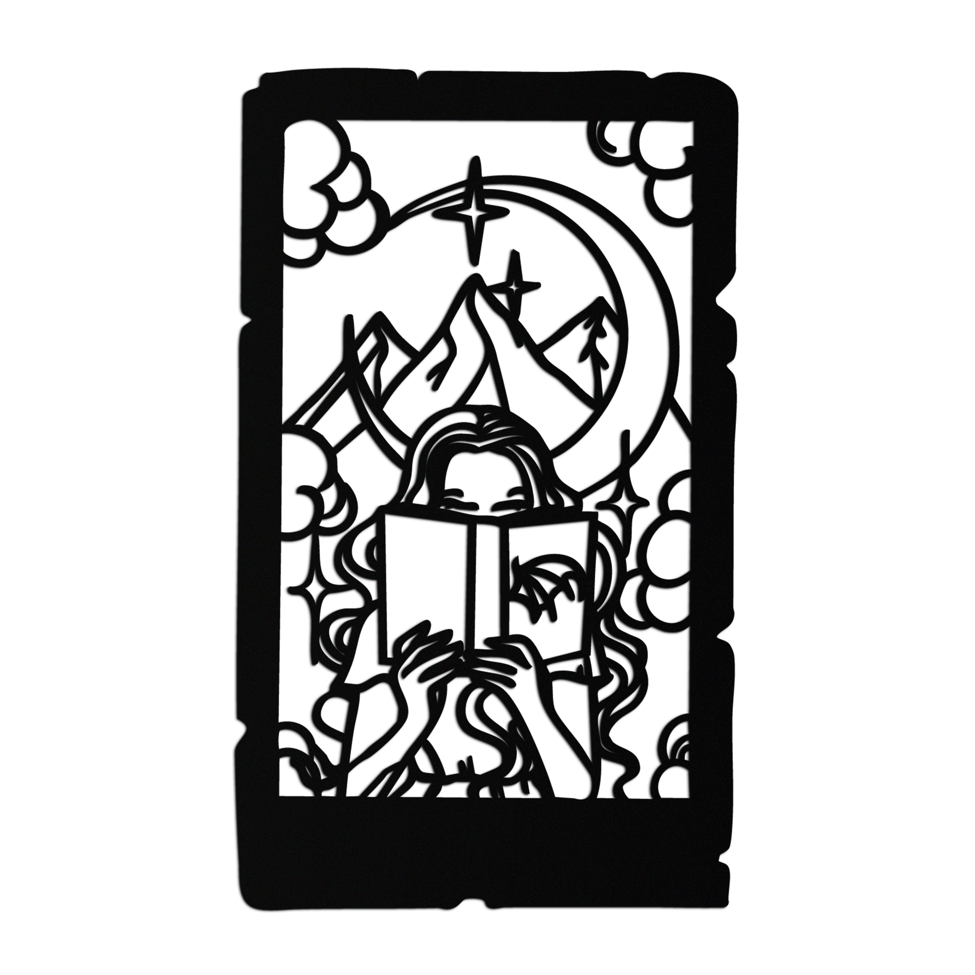 Reading Lady Metal Wall Art – Book Lover Silhouette with Moon and Mountains-KAF616