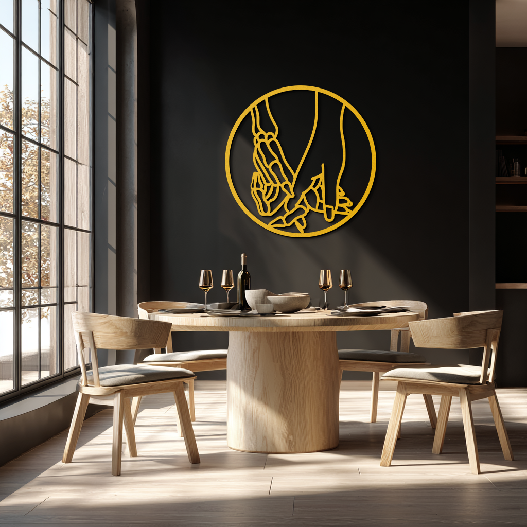 Skeleton and Human Hand Holding – Round Metal Wall Art- KAF628