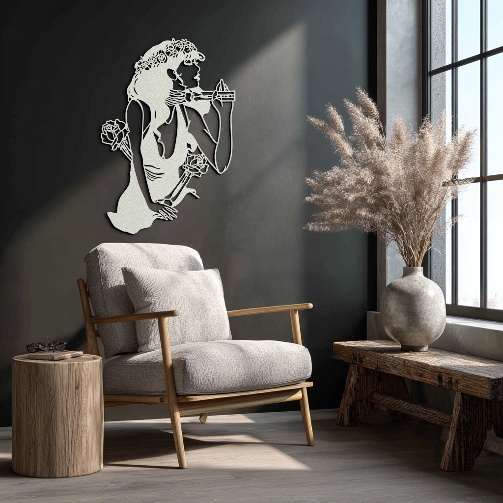 Skeleton Embrace Rose Lady Metal Wall Art – Romantic Gothic Silhouette Decor- KAF632