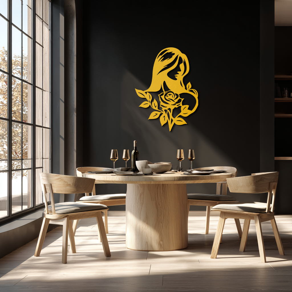 Woman and Rose Silhouette Metal Wall Art – Floral Line Art Metal Decor- KAF633